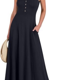 ANRABESS Women Summer Casual Sleeveless Maxi Sundress Button Fit & Flare A-Line Flowy Long Dresses 2024 Beach Outfits 1485shenlan-M Navy Blue at Amazon Women’s Clothing store