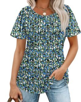 Blouses for Women Floral Print Puff Sleeve Pleated Front Dressy Tops Blue Summer Outfits XL at Amazon Women’s Clothing store