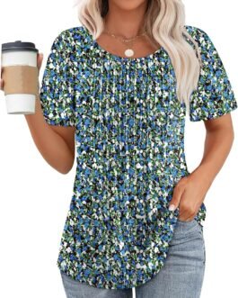 Blouses for Women Floral Print Puff Sleeve Pleated Front Dressy Tops Blue Summer Outfits XL at Amazon Women’s Clothing store